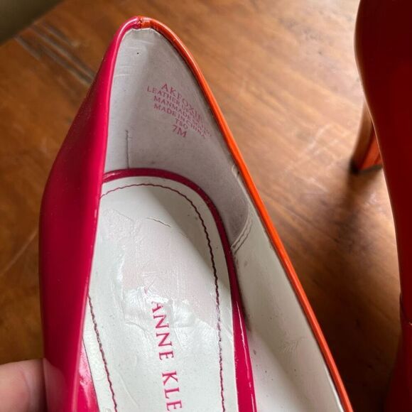 Anne Klein Foxie Pink Orange Patent Bow Heels SZ 7 Peep Toe Pumps - Picture 8 of 12